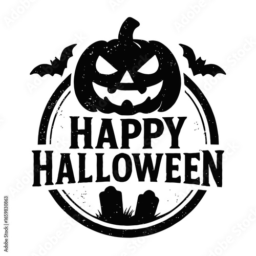Happy Halloween Pumpkin Graveyard Vector - Spooky Black and White Circular Graphic