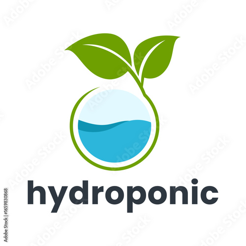 Flat Hydroponic Plant Logo with Leaves Over Stylized Water