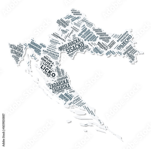 Croatia shape text cloud. Country border with shadow on white background. Croatia with regions division in vintage gazette style. Creative vector illustration.