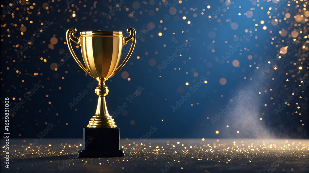Golden Trophy Cup with Sparkling Bokeh Lights on Dark Blue Background – Symbol of Victory, Achievement, and Success Golden Trophy Cup with Sparkling Bokeh Lights on Dark Blue Background – Symbol of Victory, Achievement, and Success
