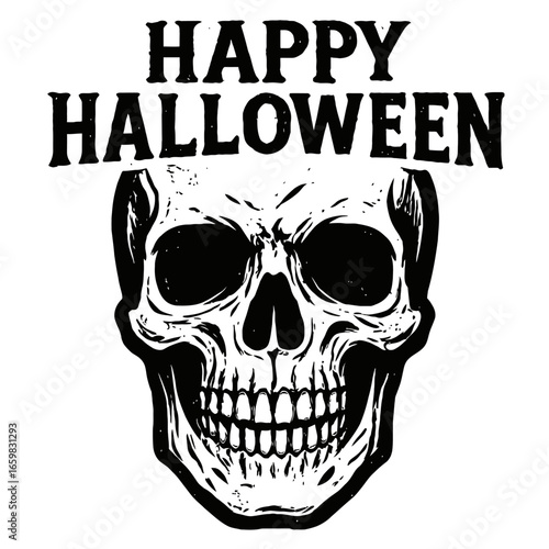 Happy Halloween Skull Vector Illustration - Creepy Black and White Graphic