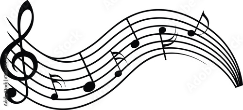 Elegant flowing musical staff with treble clef and a variety of musical notes creating a harmonious melody on a white background