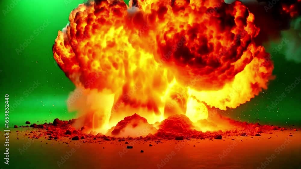 Massive fiery explosion erupts with intense heat and debris scattering against a vibrant green backdrop, capturing dynamic action and powerful energy.