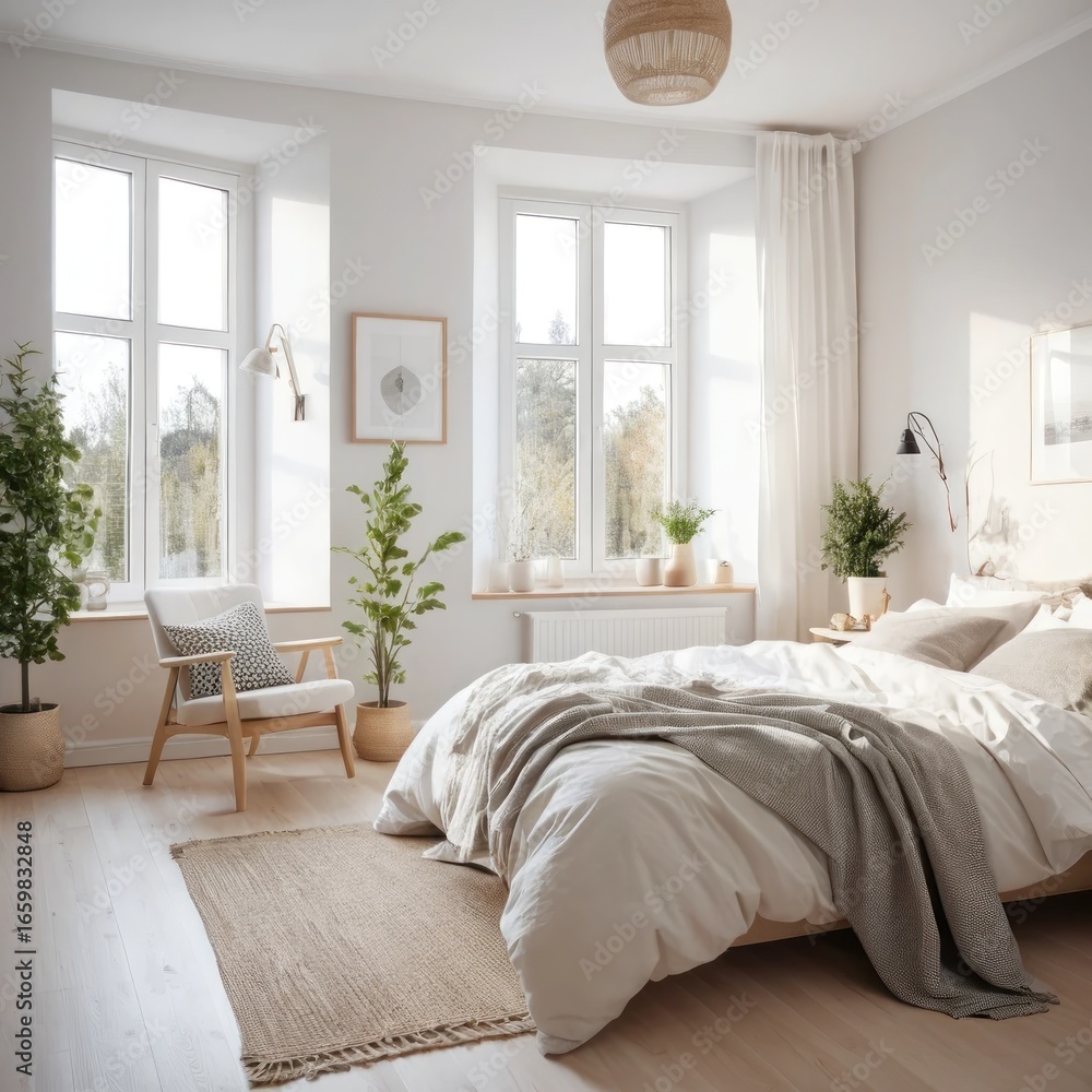 Fototapeta premium Bright and airy modern bedroom interior with large windows and minimalist Scandinavian design for a cozy, tranquil home concept