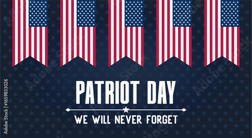 Patriot day horizontal poster with american flags and dark starry background