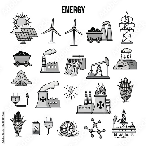 Vector illustration of collection of energy icons including solar, wind, hydro, fossil fuels, nuclear, and battery power