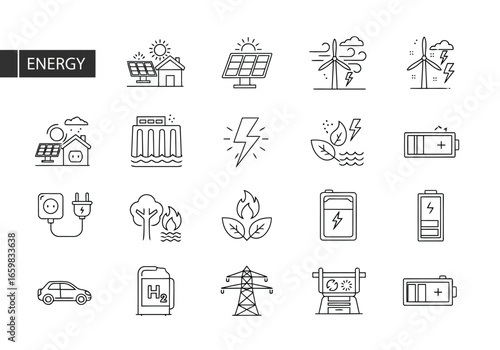 Vector illustration of collection of handdrawn icons representing various energy sources and related technologies, including solar, wind, and battery power