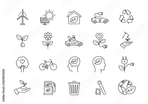 Vector illustration of assortment of environmental and green technology icons featuring plants, trees, electric car, and recycling symbol