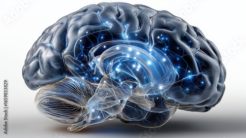 Detailed digital illustration of human brain with glowing neural connections, symbolizing intelligence and creativity