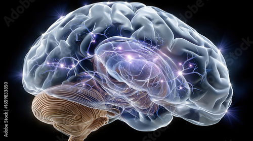Detailed illustration of human brain showcasing neural connections and electrical activity, symbolizing intelligence and cognition