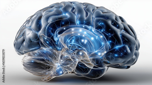 Detailed illustration of human brain with glowing neural connections, showcasing complexity of thought and cognition