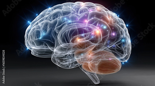 Glowing, transparent brain illustration with colorful lights representing neural activity and connections, showcasing beauty of cognitive