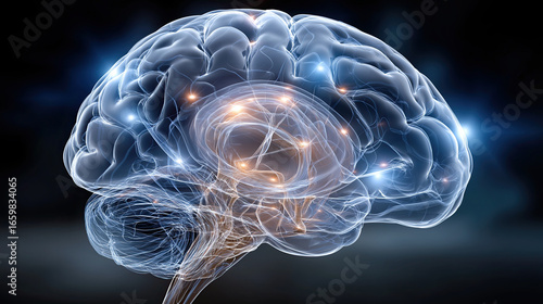 Detailed and vibrant illustration of human brain showcasing neural connections and glowing pathways, representing cognitive activity