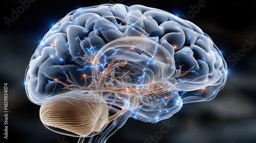 Digital brain illustration showcasing neural connections and glowing pathways, representing cognitive processes and advanced technology