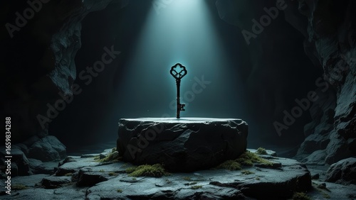 Discovering the Ancient Mystical Key in a Dark Cavern with Dramatic Lighting