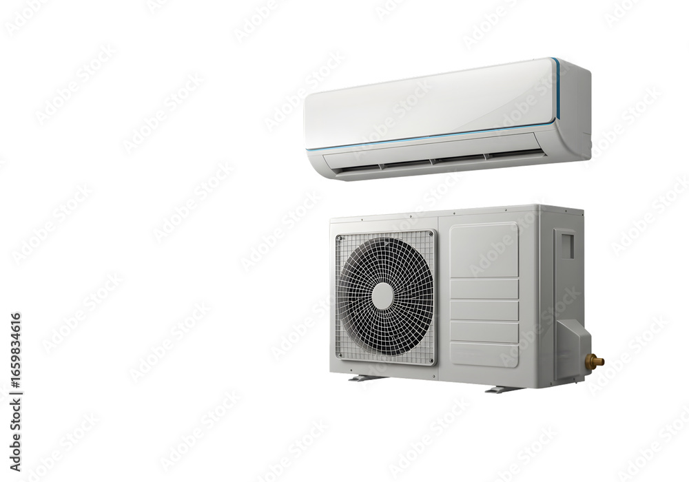 Fototapeta premium Modern split system air conditioner, sleek indoor unit mounted above a clean outdoor condenser unit, essential for home comfort and energy efficiency.
