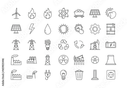 Vector illustration of diverse collection of energy and power icons, including wind turbines, solar panels, fire, nuclear symbols, and industrial elements
