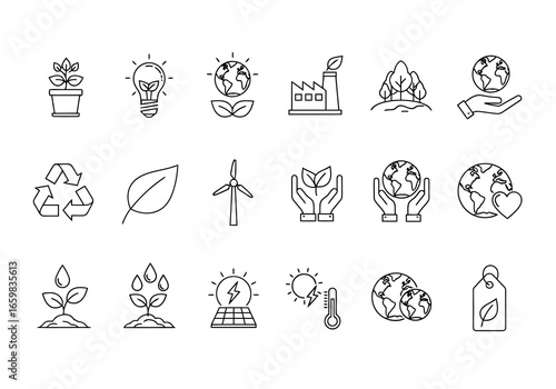 Vector illustration of collection of ecofriendly and environmental icons representing sustainability, renewable energy, and nature conservation