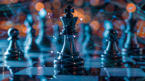 An AI neural network chess piece stands out on a digital board, highlighting strategy and competition. AI generated 