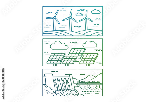 Vector illustration of collage of renewable energy sources wind turbines, solar panels, and a hydroelectric dam, illustrating clean power generation