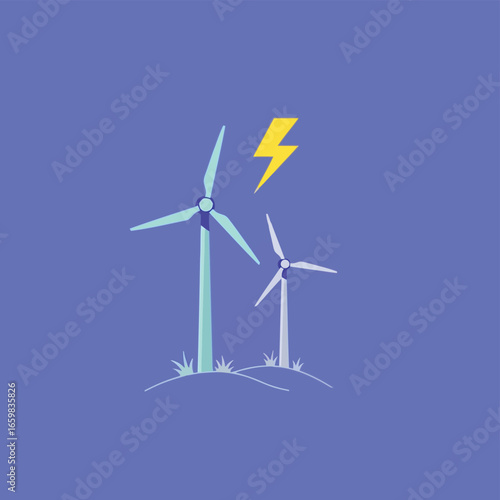 Vector illustration of wind turbines generating clean renewable energy with a lightning bolt symbol, representing electricity and power