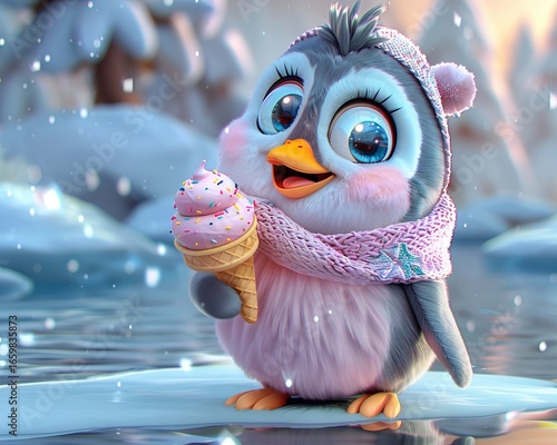 Cheerful cartoon penguin happily holding an ice cream cone in a festive winter landscape scene.