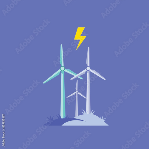 Vector illustration of three wind turbines generating clean renewable energy with a lightning bolt symbol, representing electricity and power