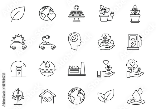 Vector illustration of collection of ecofriendly icons representing renewable energy, sustainability, and environmental protection