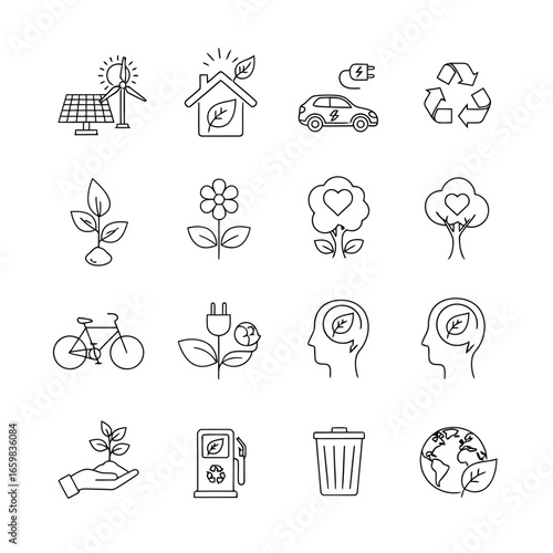 Vector illustration of set of environmental and green energy icons including solar, wind, electric car, and recycling