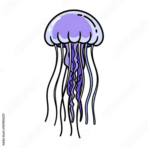 Cartoon illustration of a purple jellyfish with long tentacles, isolated on white.