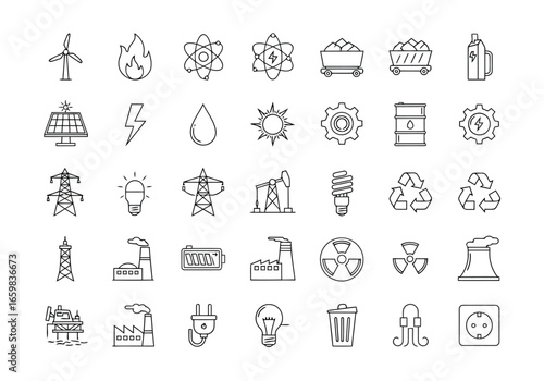 Vector illustration of collection of energy and power generation icons including renewable and fossil fuels, industry, and electricity symbols