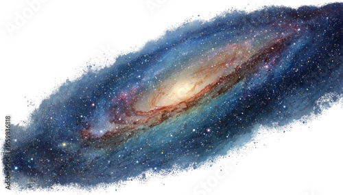 A spiral galaxy, vast and vibrant, with swirling arms of colorful nebulae and countless stars.  Dark space surrounds the galaxy's ethereal structure, showing its immense scale