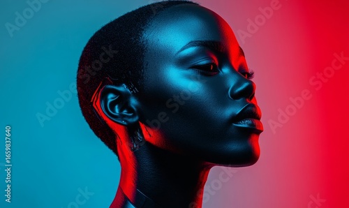 Side profile of an African American AI robot cyborg, humanized robotic artificial intelligence concept, showcasing advancements in AI technology and robotics, Generative AI