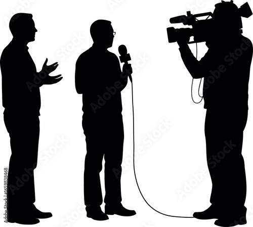 Journalist interviewing subject with professional camera operator capturing news event media coverage vector