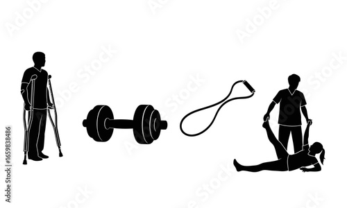 A collection of 4 black silhouettes for physical therapy: a person on crutches, a dumbbell for rehab, a stretching band, and a physical therapist assisting a patient. Vector shapes