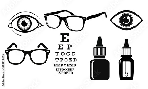 A set of 4 black silhouettes for eye care: a human eye, a pair of eyeglasses, an eye chart, and an eye drop bottle. Ophthalmology vector