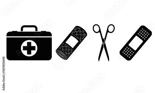 A set of 4 black silhouettes for first aid concept a first aid kit, a bandage, a pair of scissors, and an adhesive plaster.