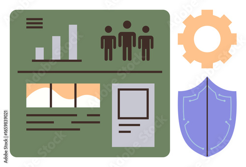 Dashboard featuring bar chart, profiles, windows, gear, and shield icon. Ideal for analytics, teamwork, productivity data security process optimization performance analysis and management. A