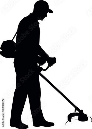 Gardening silhouette of a man operating a string trimmer weed eater for lawn care and landscaping vector