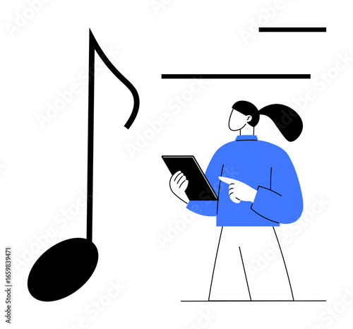 Woman holding tablet and pointing at screen near oversized music note. Ideal for music, creativity, education, digital tools, app design, brainstorming, or a simple landing page