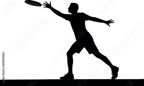 Dynamic silhouette of a person catching a flying disc in mid-air sport action vector