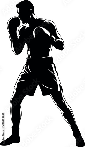 Dynamic silhouette of a boxer in fighting stance ready for combat powerful athlete sports art vector