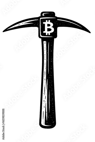 Hand Drawn Bitcoin Mining Pickaxe Vector - Abstract Black and White Cryptocurrency Graphic