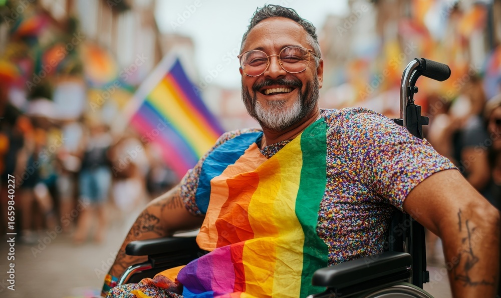 Obraz premium Proud gay disabled man in a wheelchair, wearing a rainbow pride flag during Pride celebrations in NYC's Central Park. This image celebrates inclusion and diversity in LGBTQ+ rights, Generative AI