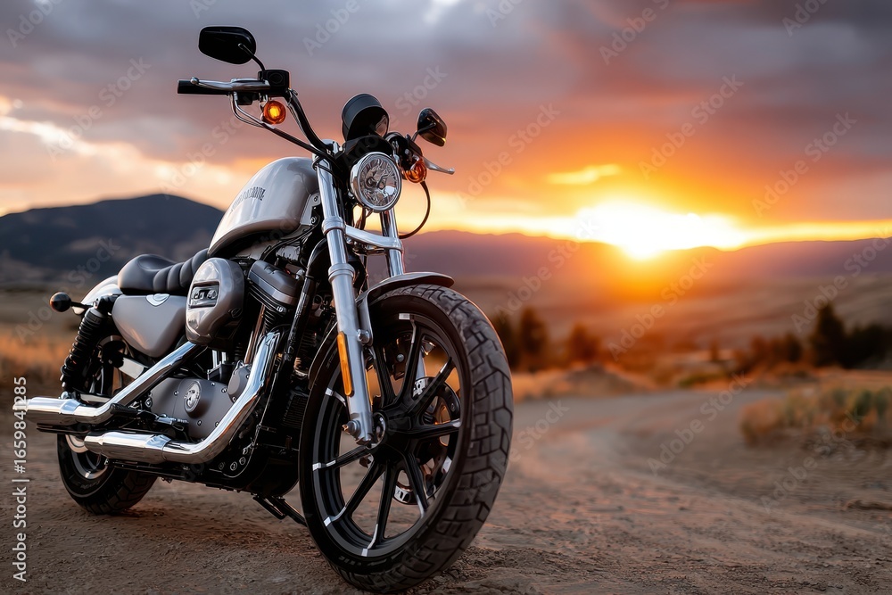 Naklejka premium Motorcycle parked on dirt road during sunset in mountainous landscape