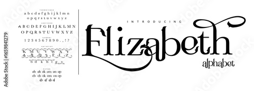 Font Elizabeth. Elegant Font Uppercase Lowercase and Number. Classic Lettering Minimal Fashion Designs. Typography fonts regular decorative vintage concept. vector illustration.