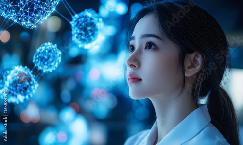 Asian female medical neurologist utilizing artificial intelligence in groundbreaking medical advancements and research, symbolizing progress in healthcare with smart technology, Generative AI