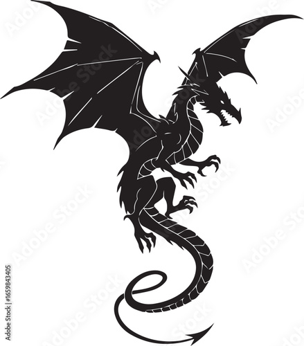 Black silhouette of a mythical winged dragon in a dynamic pose with sharp claws and a long tail mythical creature