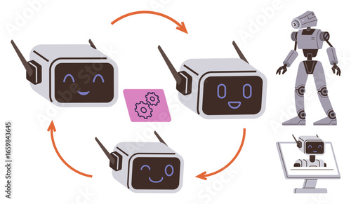 Three smiling robot drones interact in a circular workflow with arrows indicating communication. A bipedal humanoid robot and a computer interface add to AI synergy. Ideal for technology, robotics