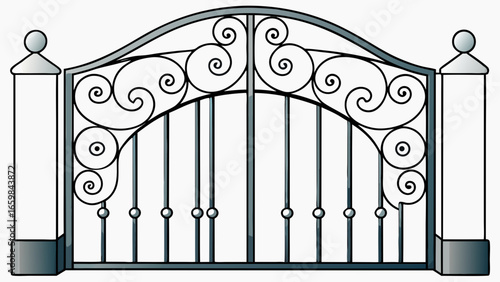 Forged modern gates with lock isolated over dark grey background vector illustration.
